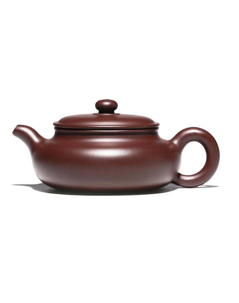 Théière en argile violette à large couvercle et ventre plat